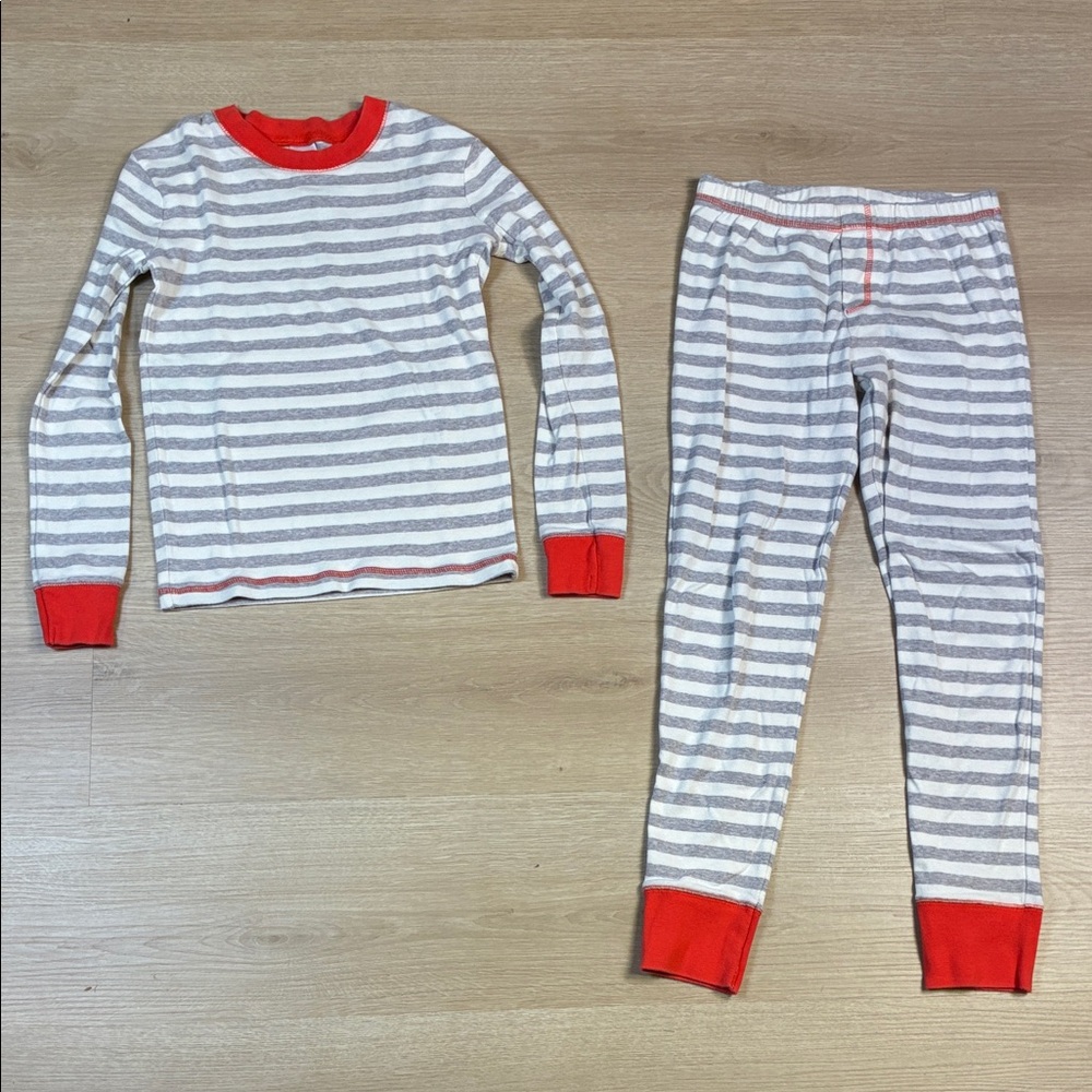 Mini Boden Kids 10Y Pajama Set Gray White Stripes with Red Orange Cuffs